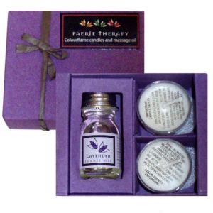 Lavender faerie therapy coloured flame tea lights and massage oil at TAOS Gifts