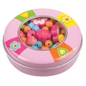 small round tin of wooden rainbow beads at taos gifts